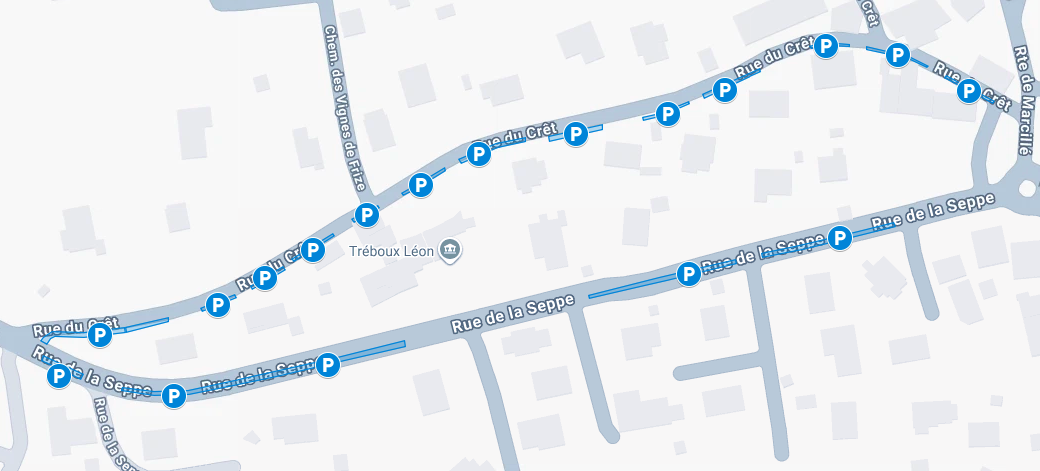 Carte des zones de stationnement rue de la Seppe et rue du Crêt